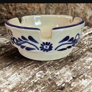 Floral Mexican Folk Art Ashtray Vintage Talavera Hand Painted Ceramic Blue 4.25"